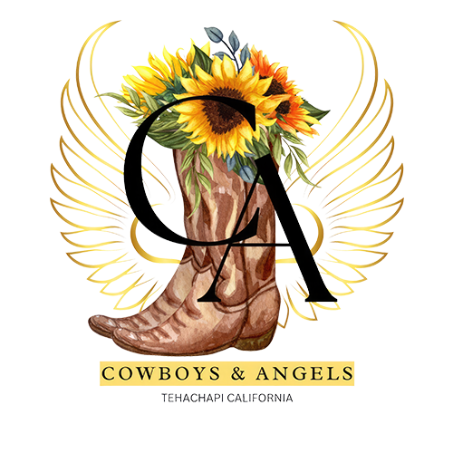 A rustic logo shows brown cowboy boots filled with bright yellow sunflowers, framed by golden angel wings. Large stylized letters “CA” overlay the boots, with a yellow banner below reading “COWBOYS & ANGELS” and smaller text underneath that says “TEHACHAPI CALIFORNIA.”