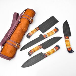 5-Piece  Knife Set / With Leather carry Bag Burnt Bone