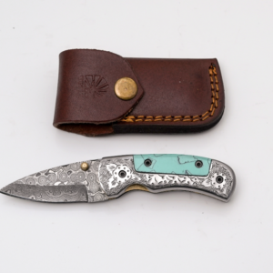Hand-Forged Damascus Folder | Turquoise Handle, Engraved Bolster & Intricate Scrollwork