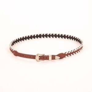 A brown leather belt with white zigzag stitching and an ornate silver buckle