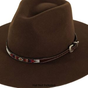 A brown leather hatband with colorful beadwork and a silver buckle, displayed on a brown felt hat. Hat not included