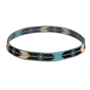 A light blue beaded band with a black, white, red, yellow, and orange geometric pattern