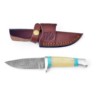 A Damaskus knife with a cream handle and turquoise inlays, next to a brown leather sheath with a sunburst design