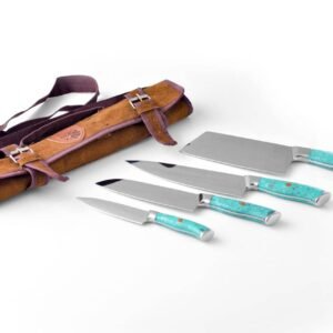 Four knives with turquoise floral handles and a brown leather knife roll