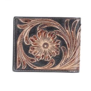 A dark leather wallet with intricate light brown floral tooling and white stitching along the edges