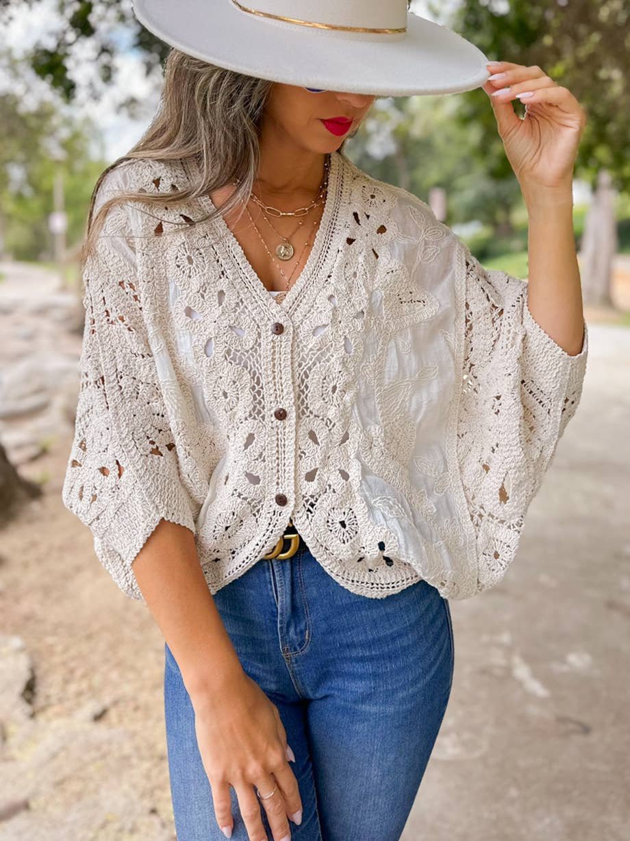 Ivory Boho Lace Detail Dolman Sleeve Button-Down Cardigan