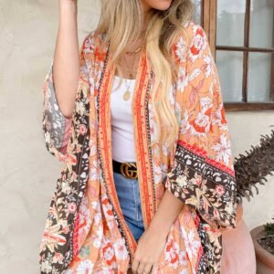 Peach Floral Border Printed Kimono Cover Up