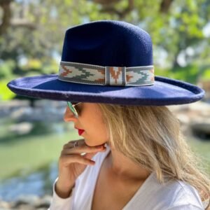 Navy Multi Aztec Western Print Trimmed Fedora Hat
