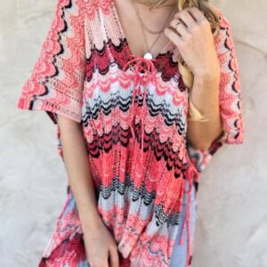 Coral Orange Chevron Multi Printed Crochet Lace Up Cover Up