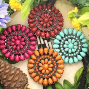 Stone Concho Bolo Ties, Orange, Turquoise, Pink, Red, each