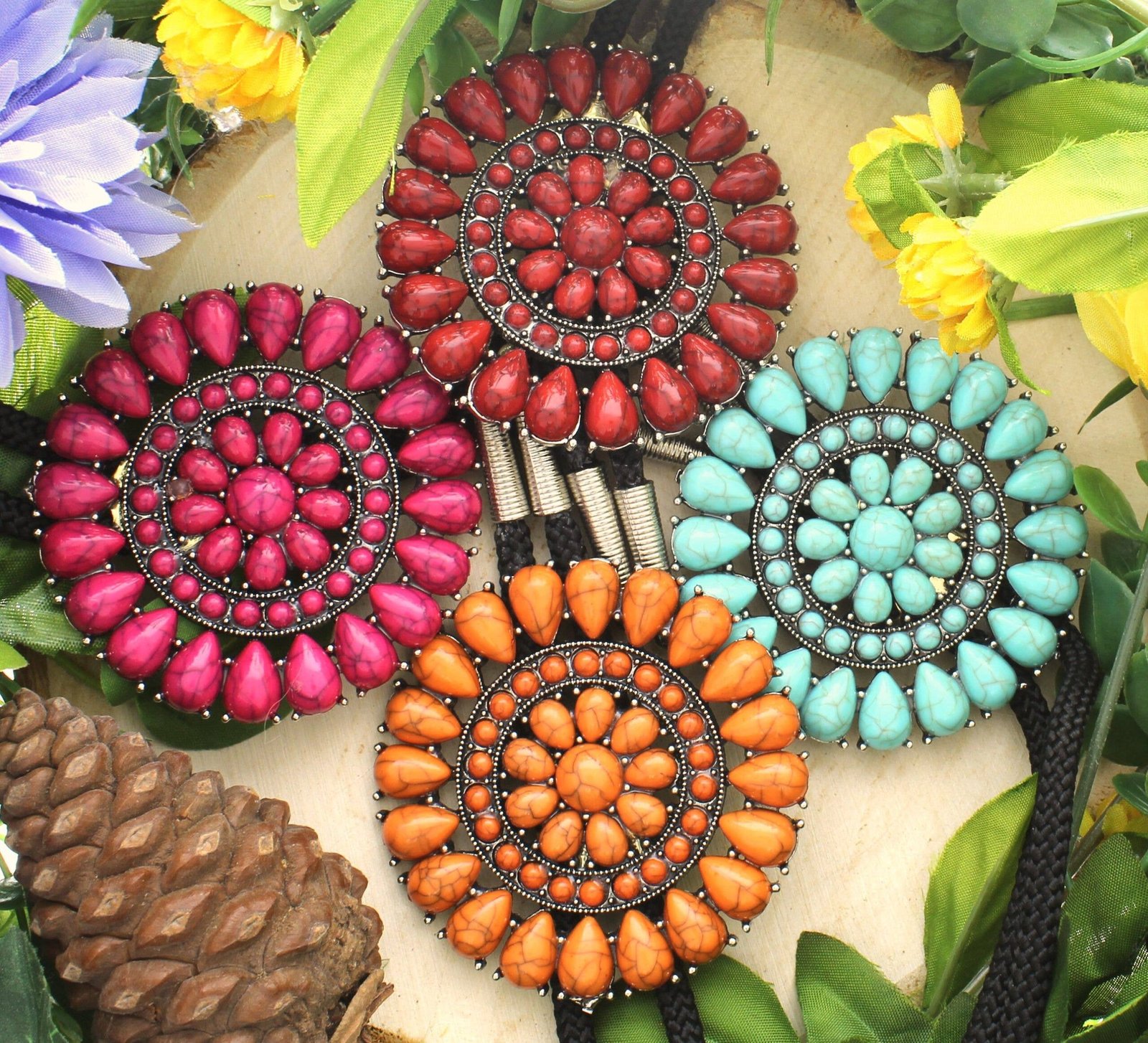 Stone Concho Bolo Ties, Orange, Turquoise, Pink, Red, each