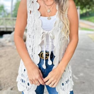Ivory Boho Floral Crochet Open Front Vest with Tie