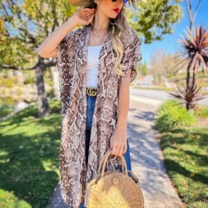 Brown Animal Snake Printed Slit Maxi Kimono Cover Up