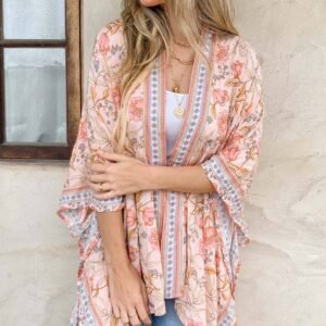 Blush Floral Border Printed Kimono Cardigan Cover Up