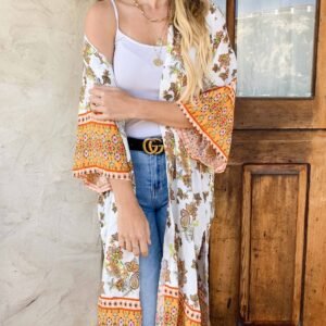Multi Floral Border Printed Lightweight Maxi Kimono Cover Up