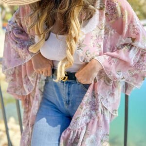 Blush Floral Print Ruffled Sleeve Chiffon Cover Up Kimono