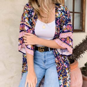 Navy Floral Border Printed Short Sleeve Kimono Cover Up