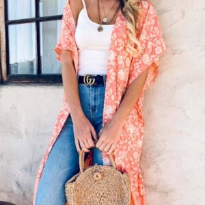 Peach Boho Floral Ruffle Hem Lightweight Maxi Kimono CoverUp