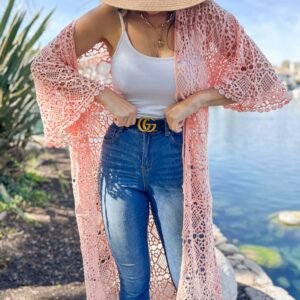 Peach Geometric Crochet 3/4 Sleeve Maxi Kimono Cardigan