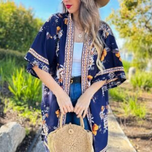 Navy Floral Boho Border Printed Lightweight Kimono Cover Up
