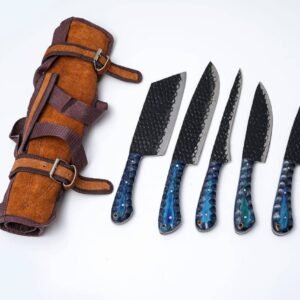 5-Piece Hand-Forged Kitchen Knife Set - Dragon Scale Carbon Steel - Blue Diamond wood Handles & Leather roll