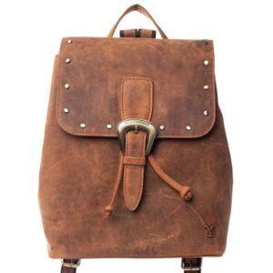 A brown distressed leather backpack with a top flap, antique brass "Yellowstone" buckle, and drawstring. A "Y" logo is debossed on the bottom right