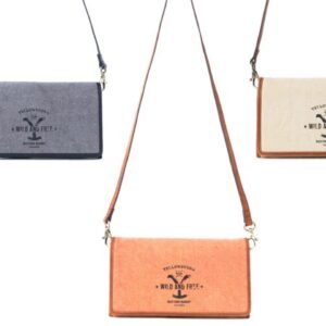 Three small clutch bags in grey, orange, and beige, each with a Yellowstone "Wild and Free" Dutton Ranch logo