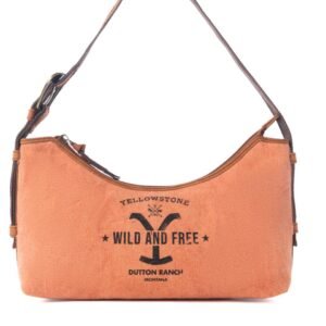 Peach canvas shoulder bag with brown leather trim and a black Yellowstone Dutton Ranch logo with 'Wild and Free' text