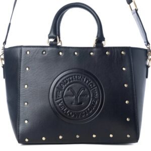 Black leather-look handbag with gold studs and an embossed "Yellowstone Dutton Ranch" logo