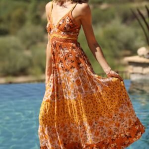 Mixed print lace trim maxi dress