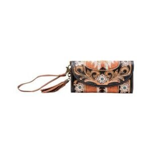 A western-style wristlet wallet with orange and black geometric pattern, a tooled leather flap, and turquoise floral accents