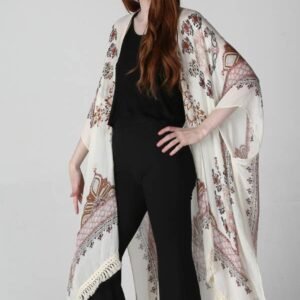 X2Y57-BS37 PRINTED KIMONO WITH CROCHET LACE TRIM