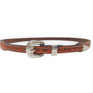A brown and orange leather belt with white stitching and ornate silver-toned buckle, keeper, and tip