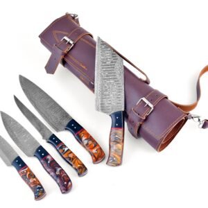 Five knives with Damascus steel blades and colorful resin handles lie next to a dark brown leather roll bag