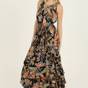 PRINTED MAXI DRESS WITH TIE BELT