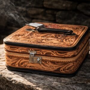 An ornate light brown leather case with dark floral patterns, black trim, and a silver lock sits on stone, with smoke rising from it