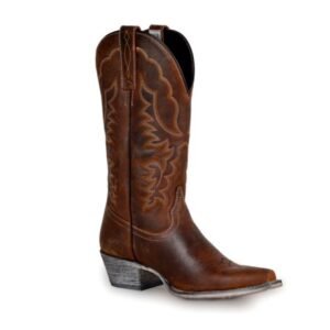 A distressed brown leather cowboy boot with intricate light-colored stitching and a weathered block heel