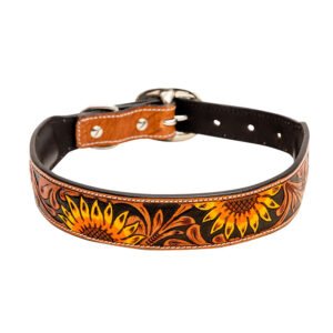 Black tooled leather dog collar with yellow sunflowers and a silver buckle