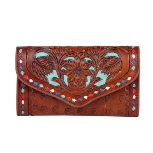 Brown tooled leather wallet with turquoise and colorful diamond accents on a floral embossed design