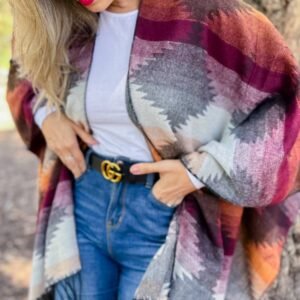 Burgundy Aztec Western Print Lightweight Ruana With Tassel
