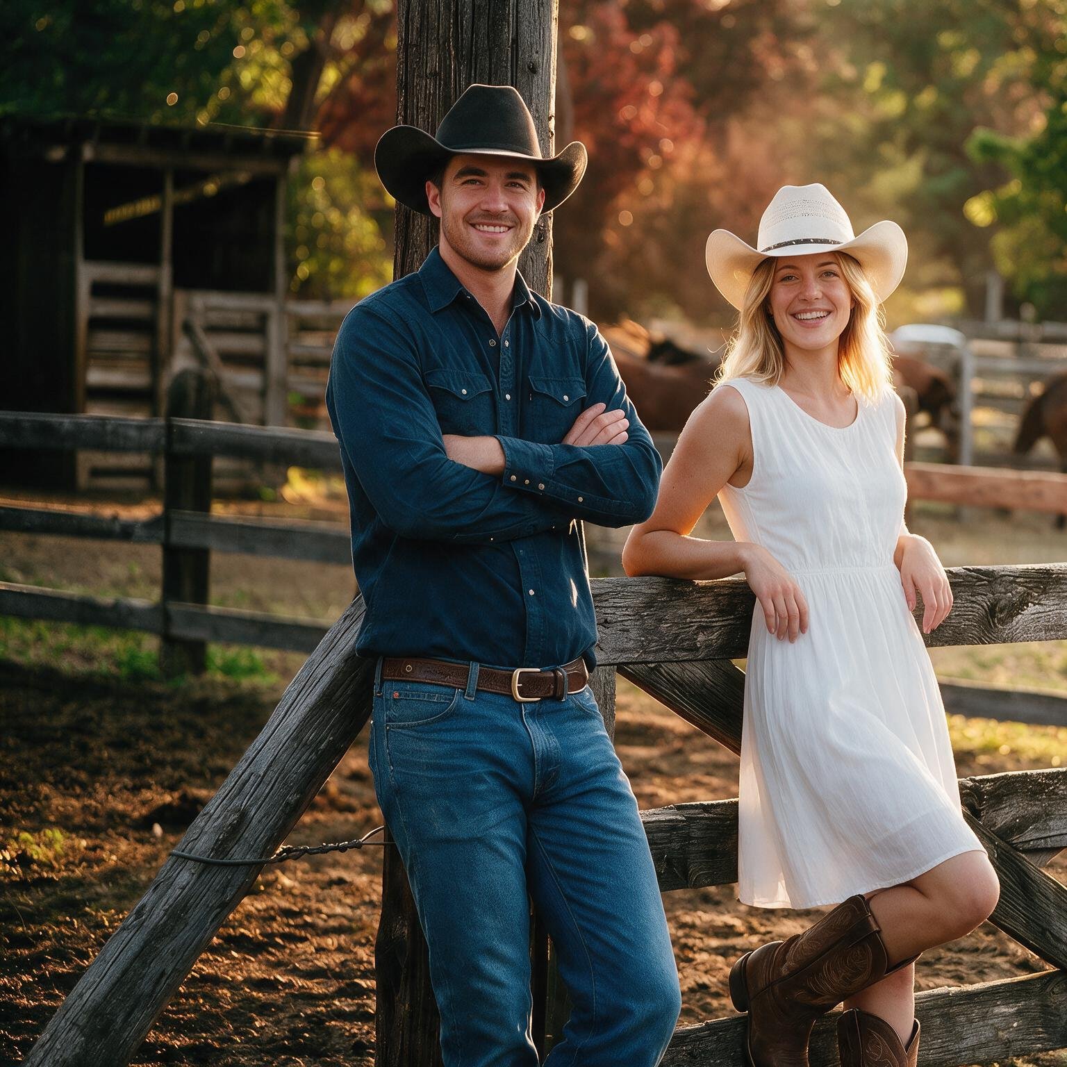 COWBOYS AND SAGE v2 A smiling man and woman in cowboy hats and western wear lean against a wooden fence at sunset
