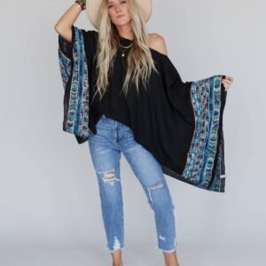 Fallon Embroidered Sleeve Poncho - Black