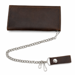 Genuine Leather Brown Tri-Fold Biker Wallet with Chain