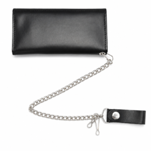 Genuine Leather Black Tri-Fold Biker Wallet with Chain